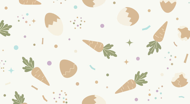 Easter themed pattern with eggs carrots and confetti on a light background