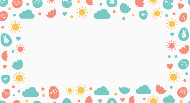 Easter themed pattern with eggs sun clouds and hearts white copy space background