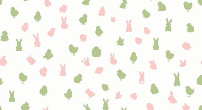 Easter themed pattern with rabbits chicks leaves and eggs on white background