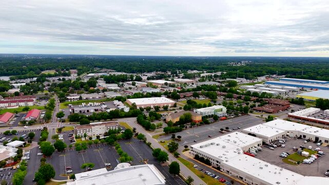 Aerial stock video Greenbrier Chesapeake VA industrial district with hotels and warehouses