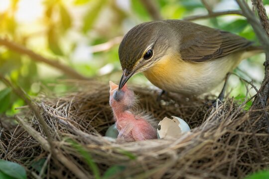 A mother bird in a nest gently assisting a hatching chick in soft morning light.