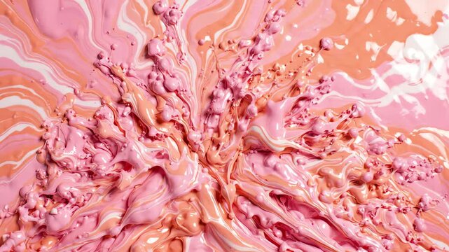 High angle shot of abstract liquid paint swirling in soft pink and peach tones creating elegant patterns