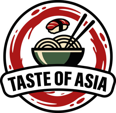 Taste of Asia logo emblem with sushi roll and ramen bowl