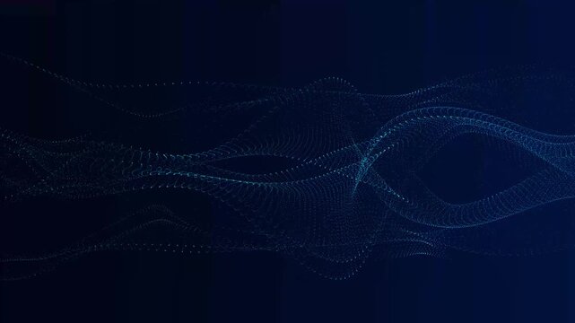 Abstract waves flow across deep blue background. Dots connect to form flowing lines. Movement suggests energy and fluidity. Ideal for digital design or futuristic themes