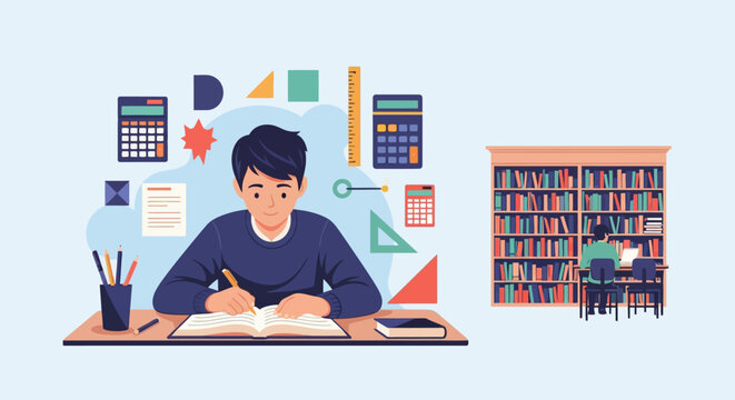 Young student studying mathematics at a desk with calculators and geometric shapes.