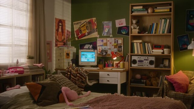 Empty retro teenager bedroom featuring vintage CRT computer, posters, and bookshelf slowly zooming in. Footage ideal for nostalgic marketing campaigns and historical youth culture documentaries