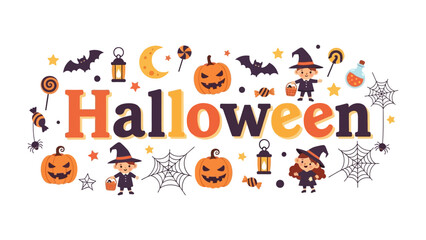 Fototapeta premium Halloween Festive Banner: A vibrant and playful banner adorned with classic Halloween motifs including smiling pumpkins, spooky bats, crescent moon, sweet treats, and costumed trick-or-treaters.