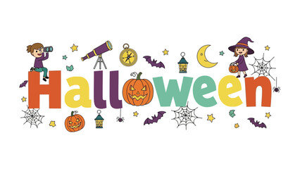Fototapeta premium Halloween Celebration Banner: A whimsical collection of Halloween-themed illustrations, including children in costumes, pumpkins, bats, and spiderwebs, spells out Halloween in vibrant.