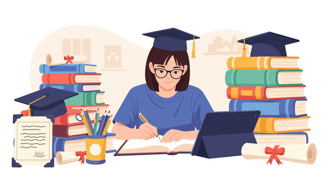 Student studying hard surrounded by books and graduation caps.