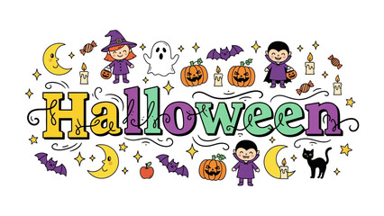 Fototapeta premium Happy Halloween Doodle: A whimsical illustration featuring the word Halloween surrounded by playful icons like a witch, ghost, vampire, bats, pumpkins, and crescent moons.