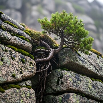 Close up of green succulent plant growing on rocky surface.