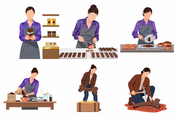 Flat vector illustrations of a professional woman working as a chocolatier, coffee roaster, and archaeologist excavating fossils © Peony02