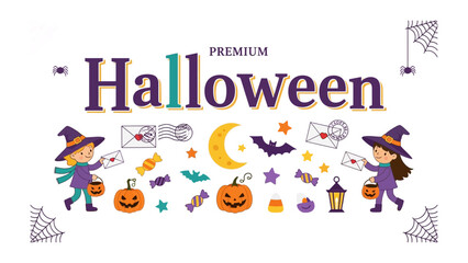 Fototapeta premium Halloween Celebration Elements: A festive illustration depicting elements of a Halloween celebration, including costumed children, pumpkins, candy, bats, and celestial motifs.