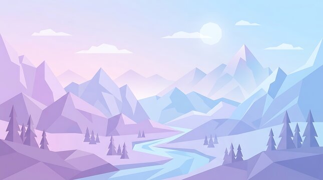 Low poly mountain landscape with river and trees