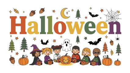 Fototapeta premium Halloween Celebration: A whimsical collection of diverse children dressed in festive Halloween costumes, surrounded by pumpkins, bats, ghosts, and autumn motifs.