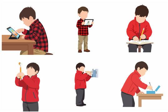 Collection of little boy studying, using tablet, writing, and sharpening pencil in flat vector style