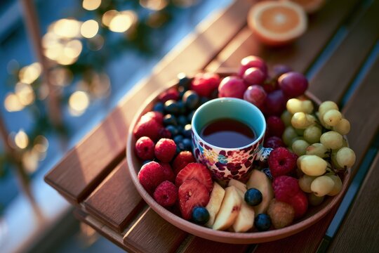 Fresh berry and grape assortment with ceramic cup on slatted wood in warm sunset light for wellness and hospitality branding