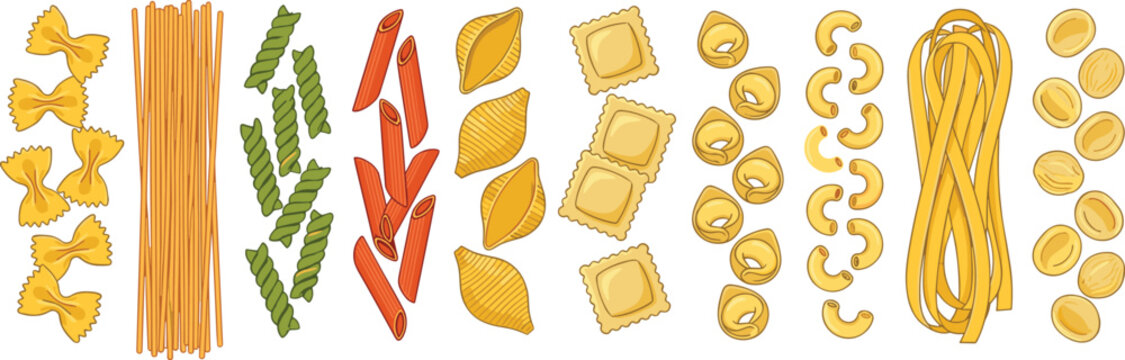 Italian Pasta Varieties Vector Icon Set with Spaghetti Farfalle Penne Fusilli Conchiglie Ravioli Macaroni Fettuccine and Orecchiette