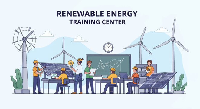 Vector illustration of diverse technicians in hard hats working at a renewable energy training center with wind turbines, solar panels, computer workstations, and technical charts.