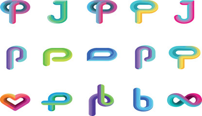 Modern Isometric Letter Logo Set with Colorful Gradient Alphabet Initials P J B Infinity Loop and Heart Symbols for Corporate Tech Branding Graphic Design © Lutfar