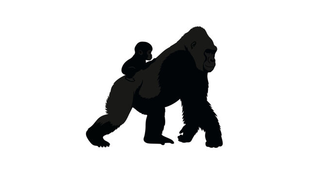 Silhouette of a gorilla carrying a baby on its back.
