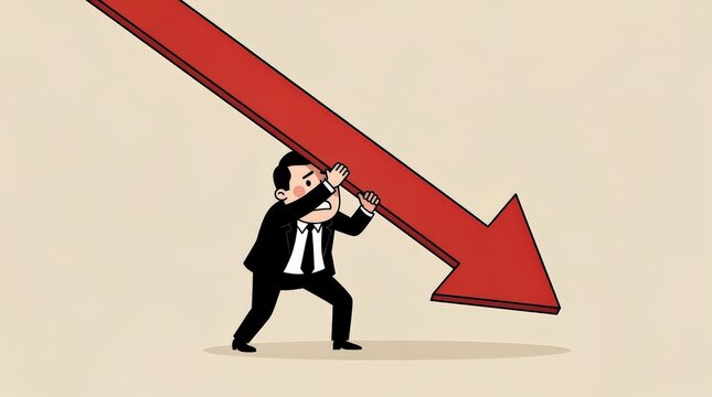 A cartoon businessman struggles to hold up a massive red downward arrow symbolizing decline or financial loss.