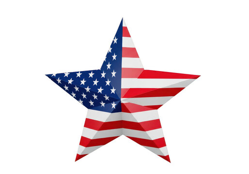 A single five-pointed star with an american flag pattern, rendered as a3d isolated on a white background, for patriotic