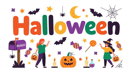 Fototapeta premium Happy Halloween Illustration: A festive and colorful illustration celebrating Halloween with playful elements like pumpkins, candy, bats, and happy children.
