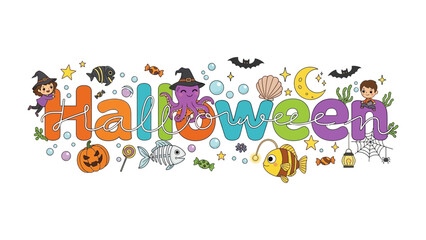Fototapeta premium Happy Halloween Festive Word Art: A playful and colorful illustration spells out Halloween with whimsical characters and spooky icons, perfect for festive greetings and decorations.