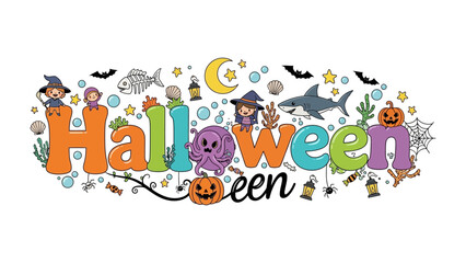 Naklejka premium Halloween Celebration Typography: A vibrant and whimsical typographic design spells out Halloween with colorful letters adorned with playful characters and spooky motifs like ghosts, witches, bats.