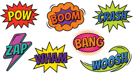 Comic Speech Bubble Sound Effect Exclamation Pop Art Action Text Icon Set Vector © MstBabli