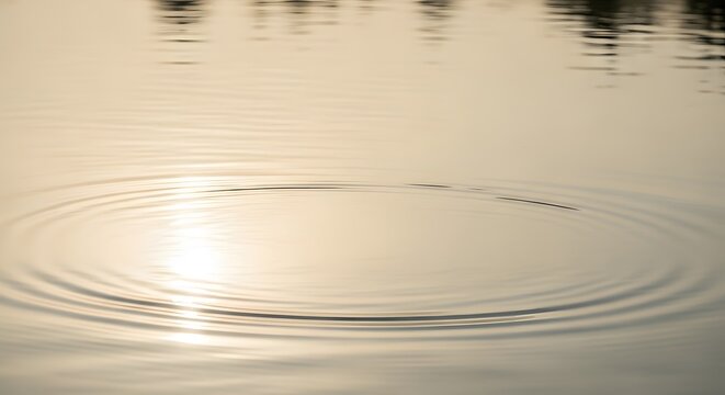 Water ripples at sunset in peaceful golden hour, tranquil liquid surface creating concentric circles, calming abstract reflection.