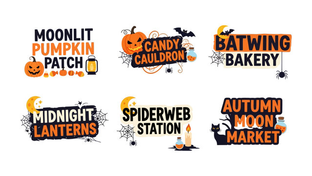 Halloween Themed Collection: A vibrant set of six Halloween-themed graphic elements featuring playful fonts, iconic imagery like pumpkins, bats, and spiders.