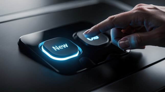 A finger presses a glowing "New" button on a sleek, modern touchscreen interface in a dark setting.