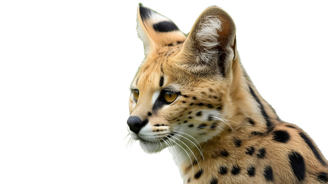 Profile portrait of a serval cat featuring spotted coat and large ears predator wildlife isolated portrait carnivore graceful