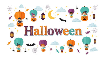 Fototapeta premium Happy Halloween Whimsical Celebration: A vibrant and playful design featuring children in costumes, pumpkins, hot air balloons, and spooky elements celebrating Halloween with joy and excitement.