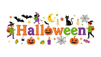 Fototapeta premium Halloween Celebration Banner: A festive array of classic Halloween elements, including pumpkins, witches, bats, and candy, are arranged in a vibrant banner to celebrate the spooky holiday.