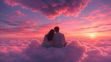 Obraz premium Romantic couple sitting together on fluffy clouds looking at a vibrant pink sunset in the sky
