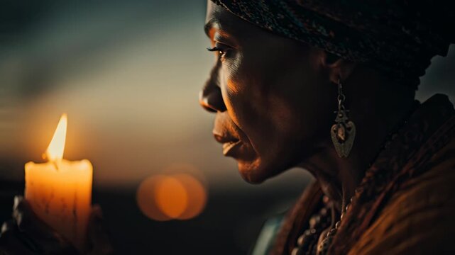 Solemn senior African woman holding a burning candle in dark profile, reflecting during a night memorial.