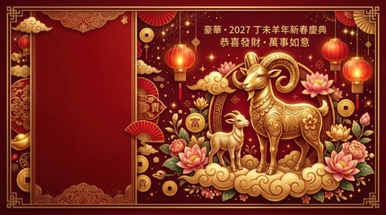 Obraz premium Festive Lunar New Year Celebration with Gold Goat and Lanterns, Symbolizing Prosperity and Good Fortune in Traditional Chinese Style