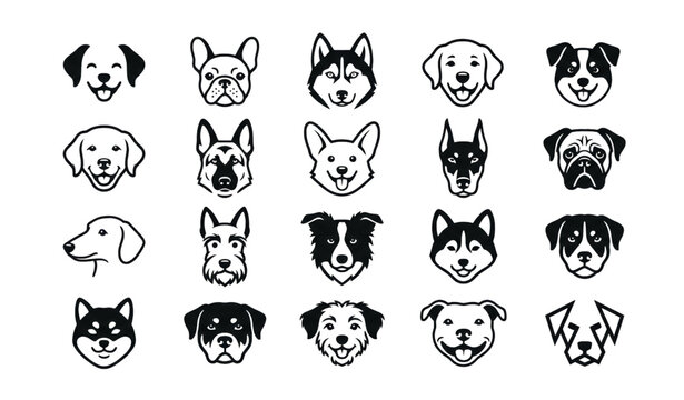 Canine Dog Face Vector Collection with Puppy Silhouette Pet Breed Head and Mascot Icon Set