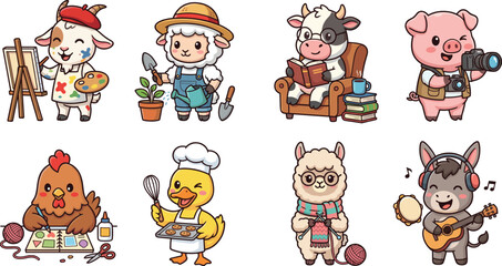 Obraz premium Cute Farm Animal Hobby Cartoon Vector Collection with Creative Profession Character Illustrations