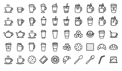 Fototapeta premium Professional Beverage Vector Collection with Coffee Tea Bubble Drink and Cookie Outline Icons