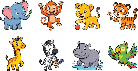 Fototapeta premium Cute Jungle Animal Cartoon Vector Collection with Safari Wildlife Character Illustrations
