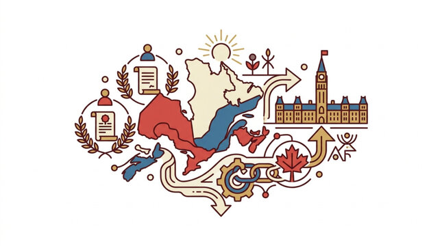 Canadian Immigration and Travel Concept with Map and Landmarks.