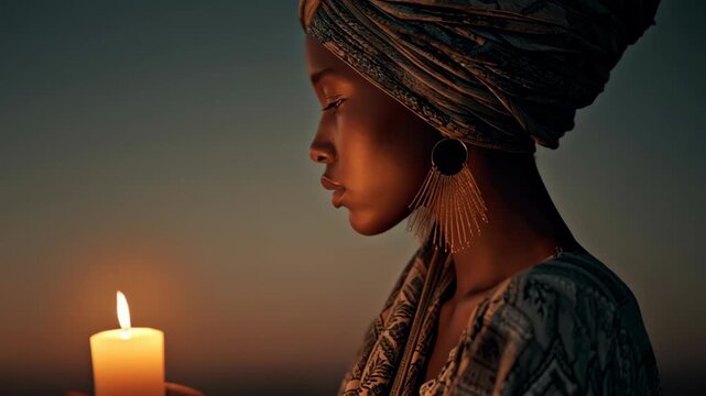 Black woman holds a flickering candle at dusk, reflecting on history and hope.