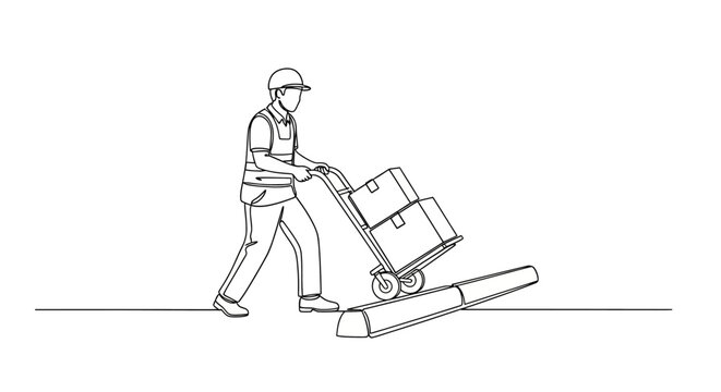 Worker pushing hand truck with boxes in warehouse.