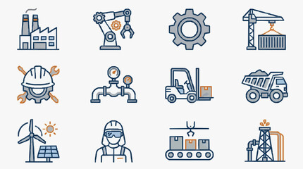 Elegant Minimalist Line Art Icons Set Featuring Industrial Machinery Construction Vehicles Energy Sources and Worker Safety Gear © Shafa