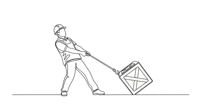 Man pulling a cart with a large box.