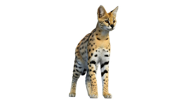 Full length portrait of an african serval cat standing isolated on white background with predator standing wildlife isolated background portrait creature wilderness carnivore
